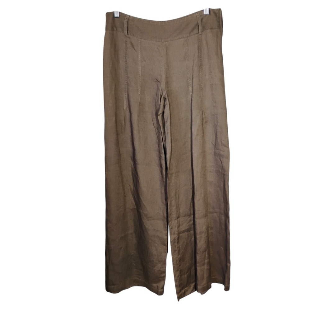 Tahari 100% Linen Wide Leg Pants Womens 10 Brown Mid Rise Trouser Summer Casual